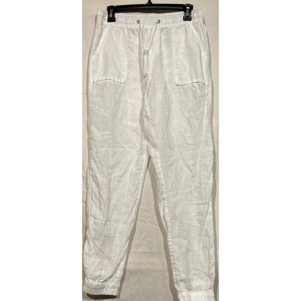 Linen Jogger Pant White Cruise Elastic Waist Tie Pockets Size M C&C California